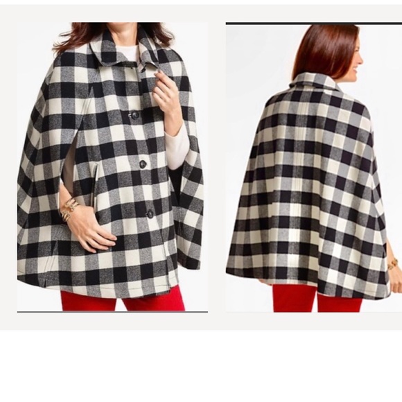 Talbots Buffalo Check Wool Cape Black & White Medium - Picture 4 of 10